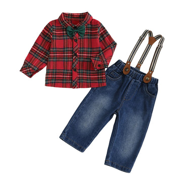 MQTIME  -  Boys Winter 2Pcs Outfits Long Sleeve Lapel Checkered Shirts Denim Overalls Sets with Adjustable Suspenders